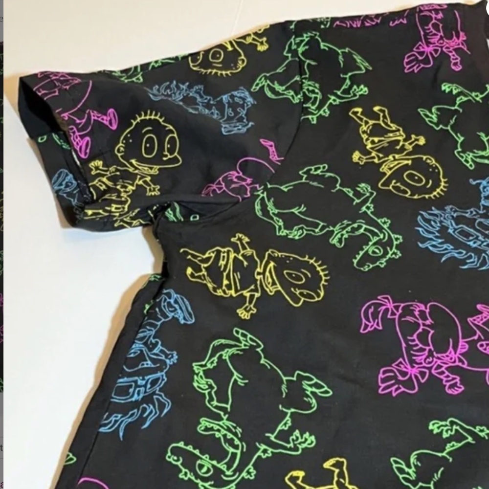 Rugrats Shirt Mens Large Black Neon‎ All Over Print Nickelodeon Cartoon Tee - Picture 3 of 11
